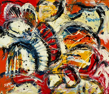 Attilio Scarfi Arona (No) 1933 Presenze, 2002 Smalti su tela, cm. 70x80 Firma...