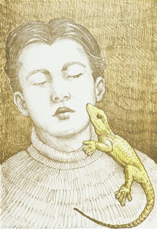 Carlo Bertocci Castell'Azzara 1946 Figura e geco Litografia su carta, cm....