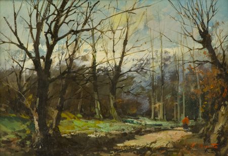 Ezelino Briante Napoli 1901 - Napoli 1971 Figura nel bosco Olio su faesite,...