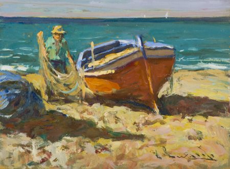 Giorgio Luxardo Livorno 1937 Pescatore siciliano Olio su tavola, cm. 15x20...