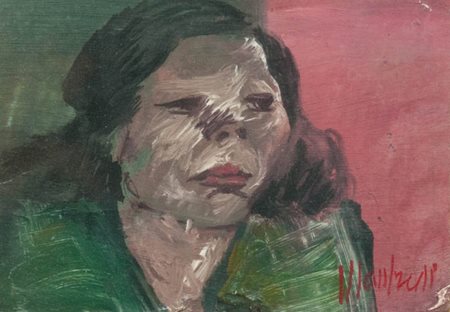 Anonimo Figura Olio su cartone, cm. 10,5x15 Firma illeggibile in basso a destra.