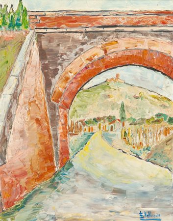 Anonimo Paesaggio Olio su tela, cm. 45x35 Firma illeggibile in basso a destra.