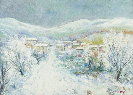 Gino Tili Paesaggio innevato Olio su tela, cm. 50x70 Firmato in basso a destra.