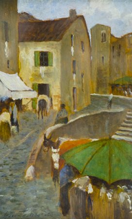 Gino Tommasi Livorno 1880 - 1942 Giorno di mercato Olio su tavola, cm....