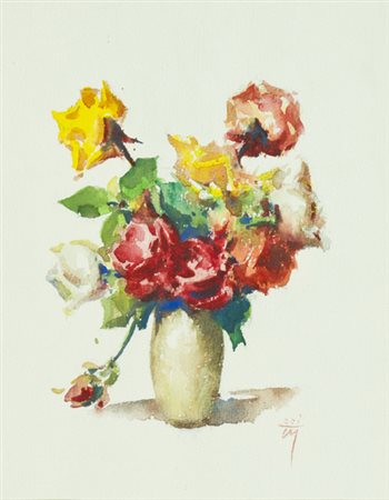 Corrado Michelozzi Livorno 1883 - Livorno 1965 Vaso di rose Acquerello su...