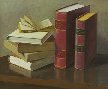 Angelo Maria Crepet 1885 1974 Natura morta (libri) Olio su tavola, cm
