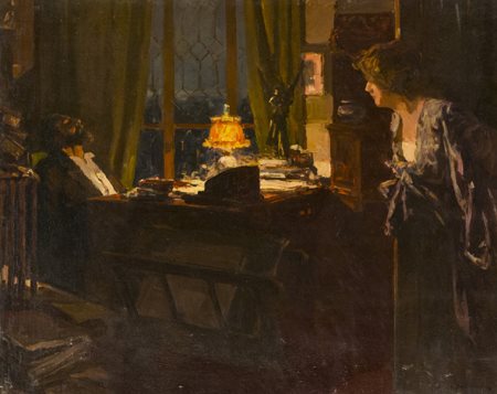 Lionello Balestrieri Cetona 1872 - 1958 Interno con figure Olio su tela, cm....