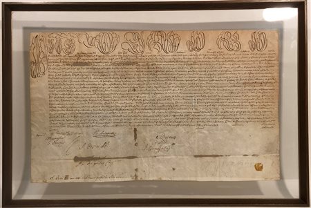 Diploma manoscritto su pergamena (320 x 540 mm, fori sul supporto e lievi...