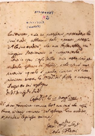 Lettera manoscritta firmata Carlo Goldoni e datata 13 maggio 1745 (difetti al...