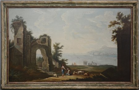 Scuola veneta del secolo XVIII Archi e rovine con figure olio su tela cm 82 x...