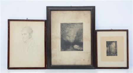 Lotto composto da due acqueforti e due disegni in tre cornici, misure diverse...