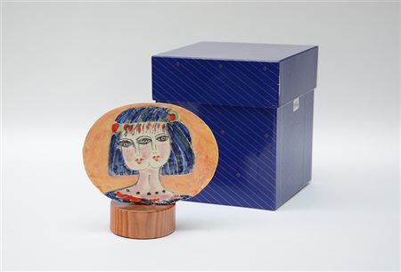 Formella in ceramica dipinta a mano su base in legno Bruno Cassinari con...