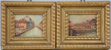 Ignoto "Scorci del Naviglio" coppia di olii (cm 10x13) in cornici