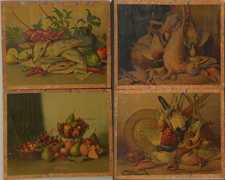 Ignoto "Nature morte con frutta, pesci e cacciagione" Quattro stampe...