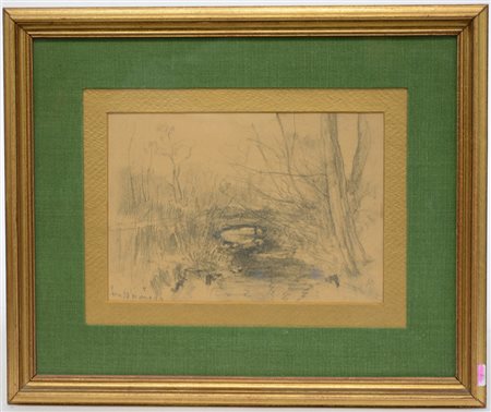 Pompeo Mariani (Monza 1857 - Bordighera 1927)"Paesaggio con bosco con ponte"...