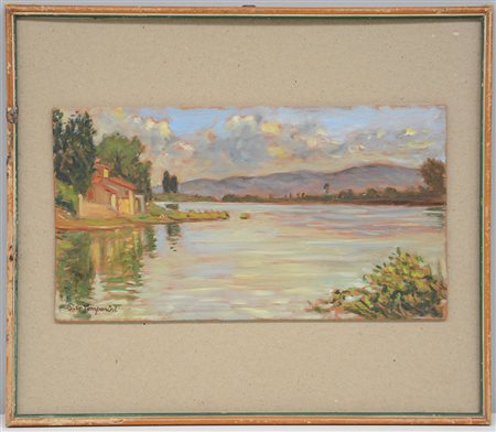 Pier Comparini "Paesaggio lacustre" olio su compensato (cm 19x34) firmato in...