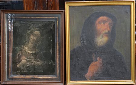 Lotto di due antichi dipinti di misure diverse raffiguranti Madonna e Frate...