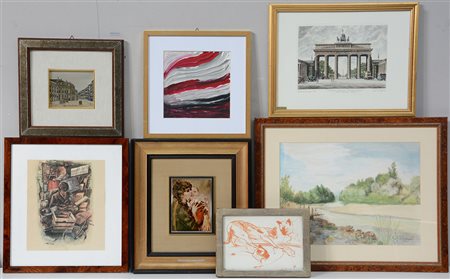 Lotto composto da sette tra stampe, multipli e dipinti. In cornici