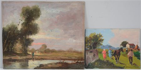 AA. VV. "Paesaggi con figure" due dipinti ad olio su compensato di misure...