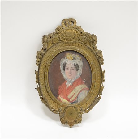 Maestro del secolo XIX "Donna con cuffia" (cm 7,5x6) con cornice in bronzo...