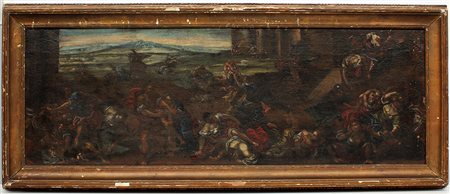 Scuola del secolo XVII, "Strage degli Innocenti" olio su tela (cm 41x117) in...