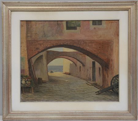 Giacchi "Case a riva" olio su cartone telato (cm 50x60) firmato in alto a...