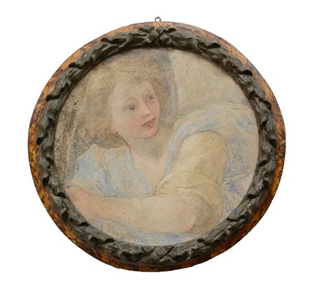 Strappo di affresco con angelo in tondo entro cornice in legno intagliato (d...