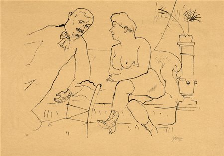 George Grosz LA VISITA Litografia, cm 24x34. Firma a matita in basso a destra...
