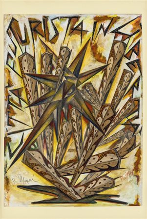 Riccardo Magni CITTÀ FUTURISTA IN LIBERTÀ Tecnica mista su carta, cm 34x24....