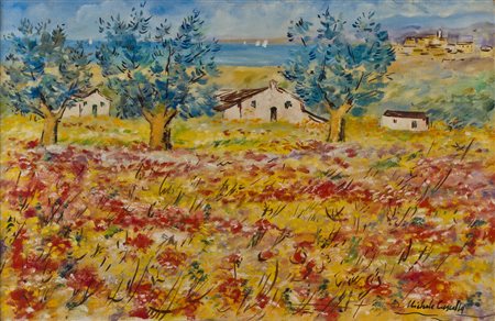 Michele Cascella CAMPO DI PAPAVERI Olio su tela, cm 40x60, firmato in basso a...