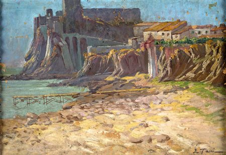 Edoardo Tani PAESAGGIO COSTIERO Olio su cartoncino, cm 26x38 firmato in basso...