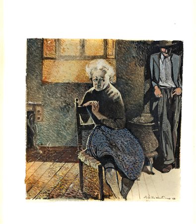 Giacomo Soffiantino SCENA DI INTERNO CON FIGURE Tecnica mista su carta, cm...