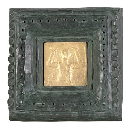 Salvatore Fiume MARIA Bassorilievo in bronzo dorato entro cornice in metallo,...