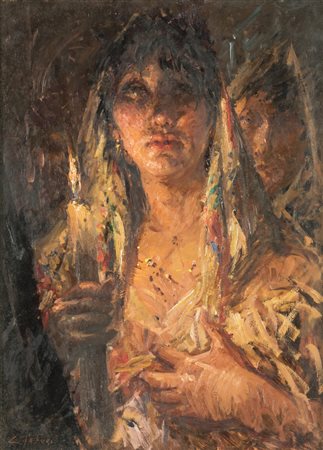 Clemente Tafuri DONNA VELATA CON CANDELA Olio su tela, cm 50x35. Firmato in...