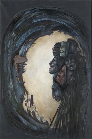 Mario Russo MASCHERE DIETRO LE QUINTE Olio su tela, cm 90 x 60. Opera...