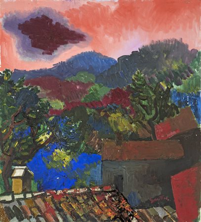 Renato Guttuso PAESAGGIO Olio su tela, cm 60x55. Firma e data al retro...