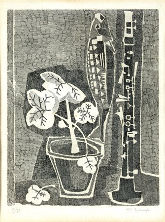 NATURA MORTA CON SAX Incisione, cm 33x25. Numerazione sul fronte 7/80. Firma...