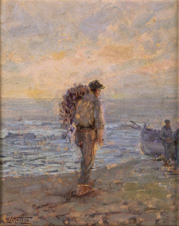 Ettore Morteo PESCATORI Olio su tavoletta, cm 36x29. Firmato in basso a destra.