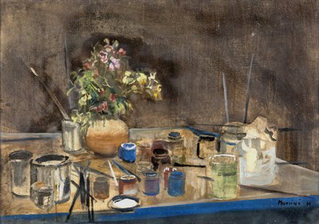 Marcello Muccini NATURA MORTA CON VASO DI FIORI E COLORI Olio su tela, cm...
