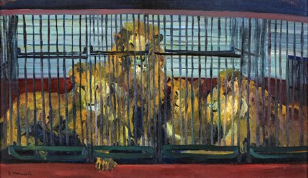 Giovanni Omiccioli LEONI IN GABBIA Olio su tela, 32,5x52,5 cm. Firma in basso...