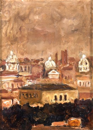 Carlo Quaglia TETTI DI ROMA Olio su masonite, cm 35x25. Etichetta della...