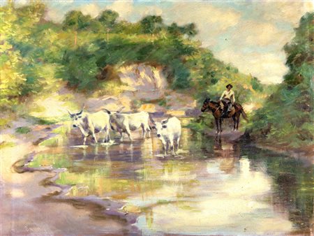 Giacomo Balla PAESAGGIO CON BUTTERO E ARMENTI Olio e polvere di marmo su...