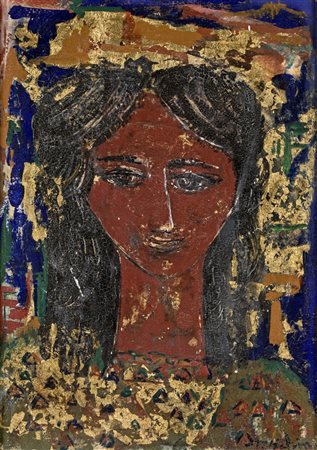 Tahia Halim FIGURA Tecnica mista su cartone telato, 50x35 cm. Firma in basso...