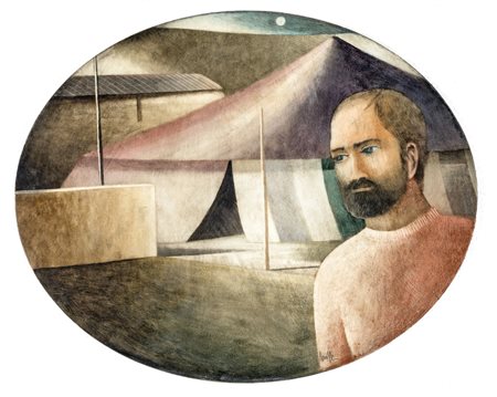 Marcello Scuffi AUTORITRATO CON CIRCO Olio su tavola ovale, cm 39x49. Opera...