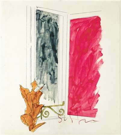 Mario Schifano LA FENETRE ROUGE Smalto su tela, cm 100x90. FIrma sul fronte...