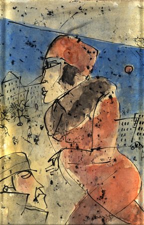 Franco Rognoni FIGURE NELLA CITTÀ Tecnica mista su carta incollata su tela,...