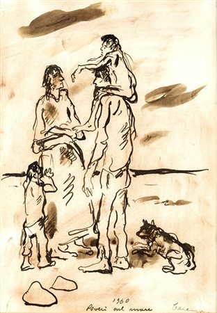 Felice Carena POVERI NEL MARE Tecnica mista su carta, cm 33x23. Firma, data e...