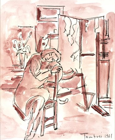 Orfeo Tamburi MODELLA NELLO STUDIO Tecnica mista su carta, cm 21,1x17,1....