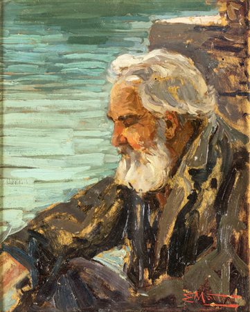 Ettore Morteo VECCHIO PESCATORE Olio su tavoletta, cm 36x29, firmato in basso
