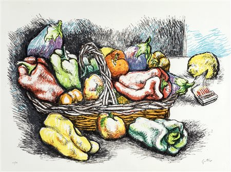 Renato Guttuso CESTA DI ORTAGGI Litografia, cm.50x70. Firma e numerazione sul...